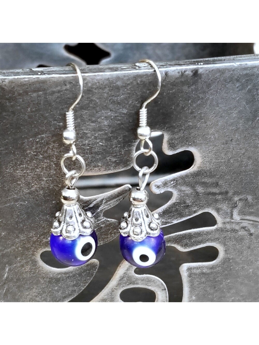 Handmade Evil Eye Blue Lampwork Glass Beads Protective Talisman Drop Earrings